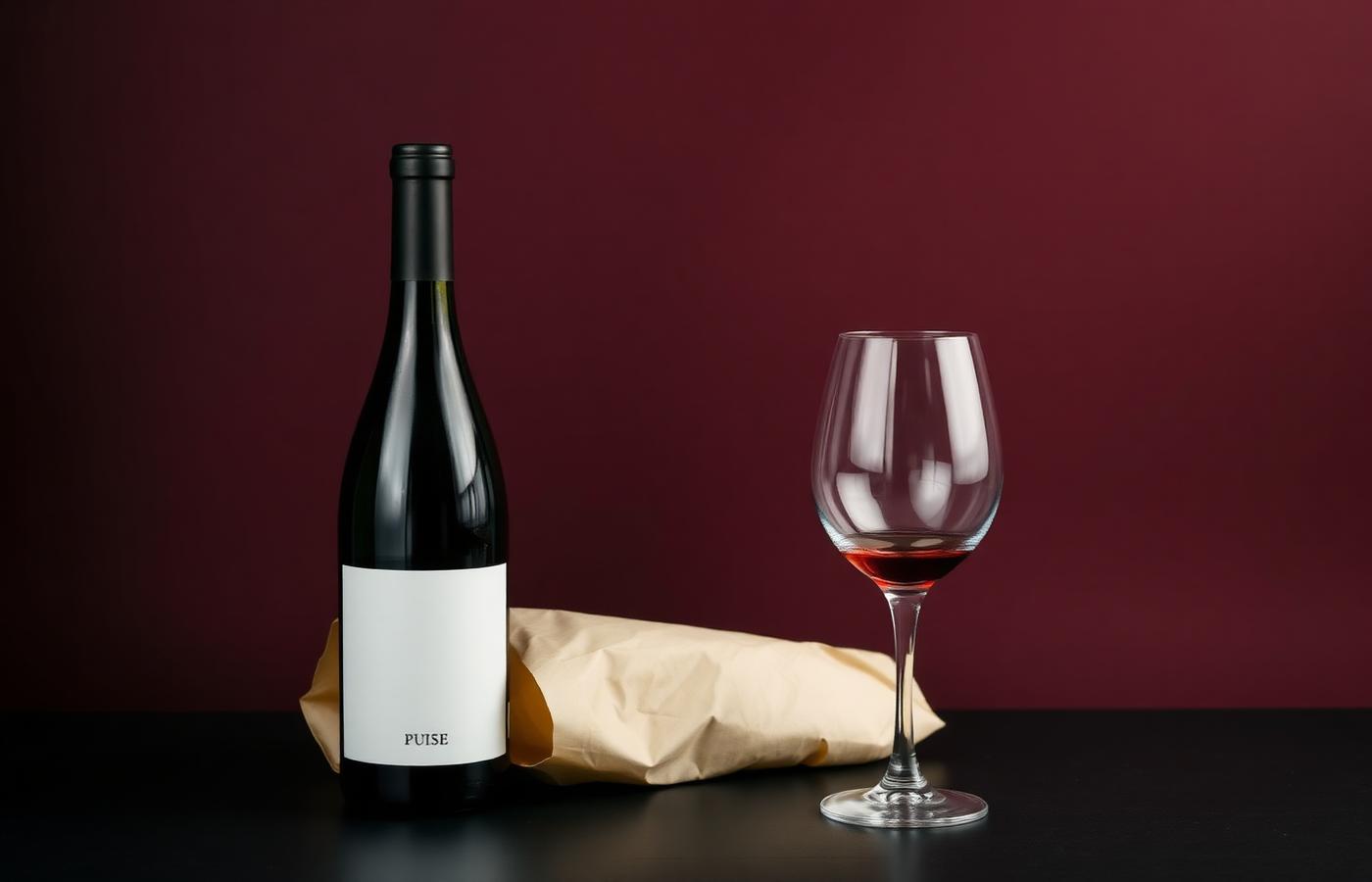 Garrafa e taça em mesa de madeira